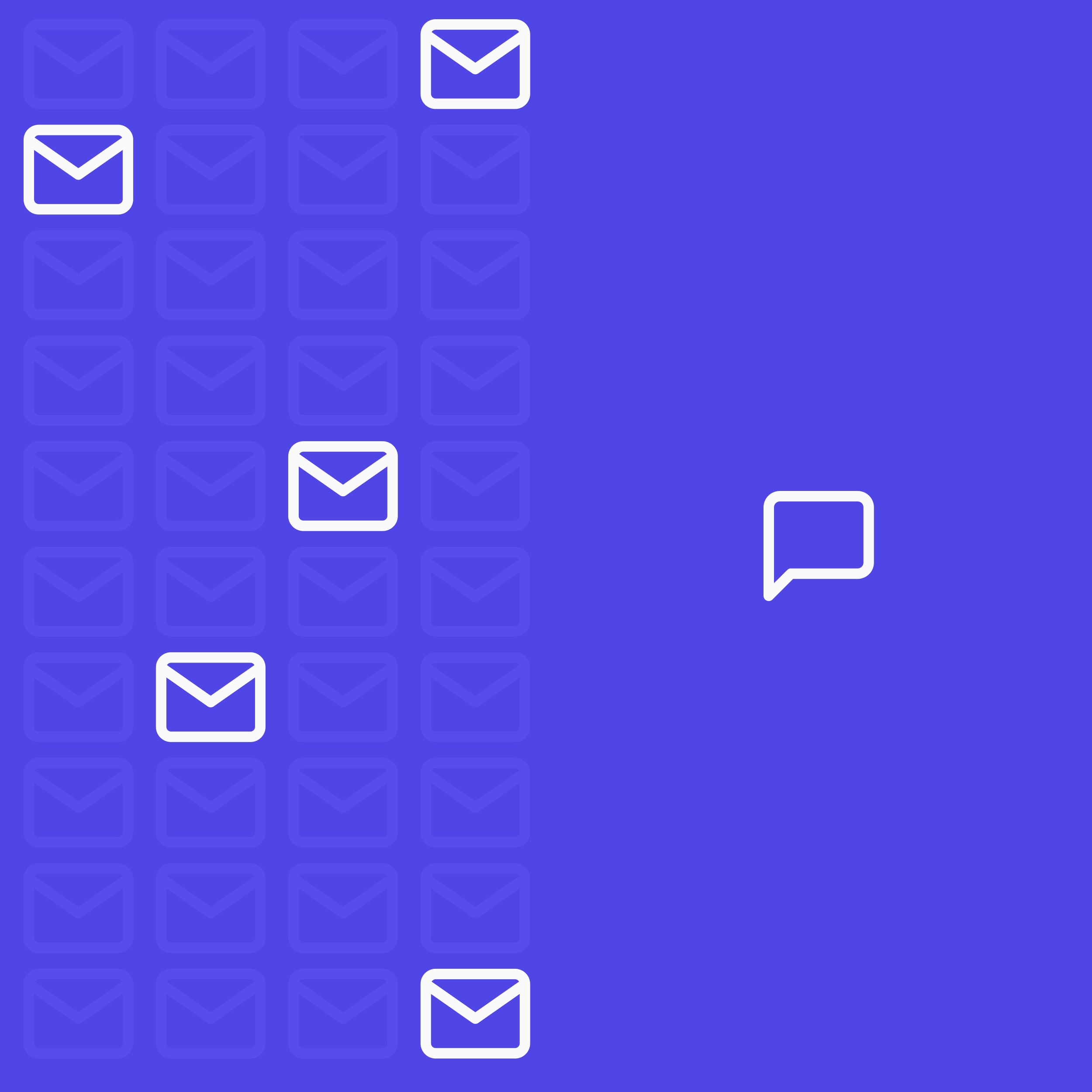 Email icons of varying opacities on the left with a single text message bubble on the right with a purple background.